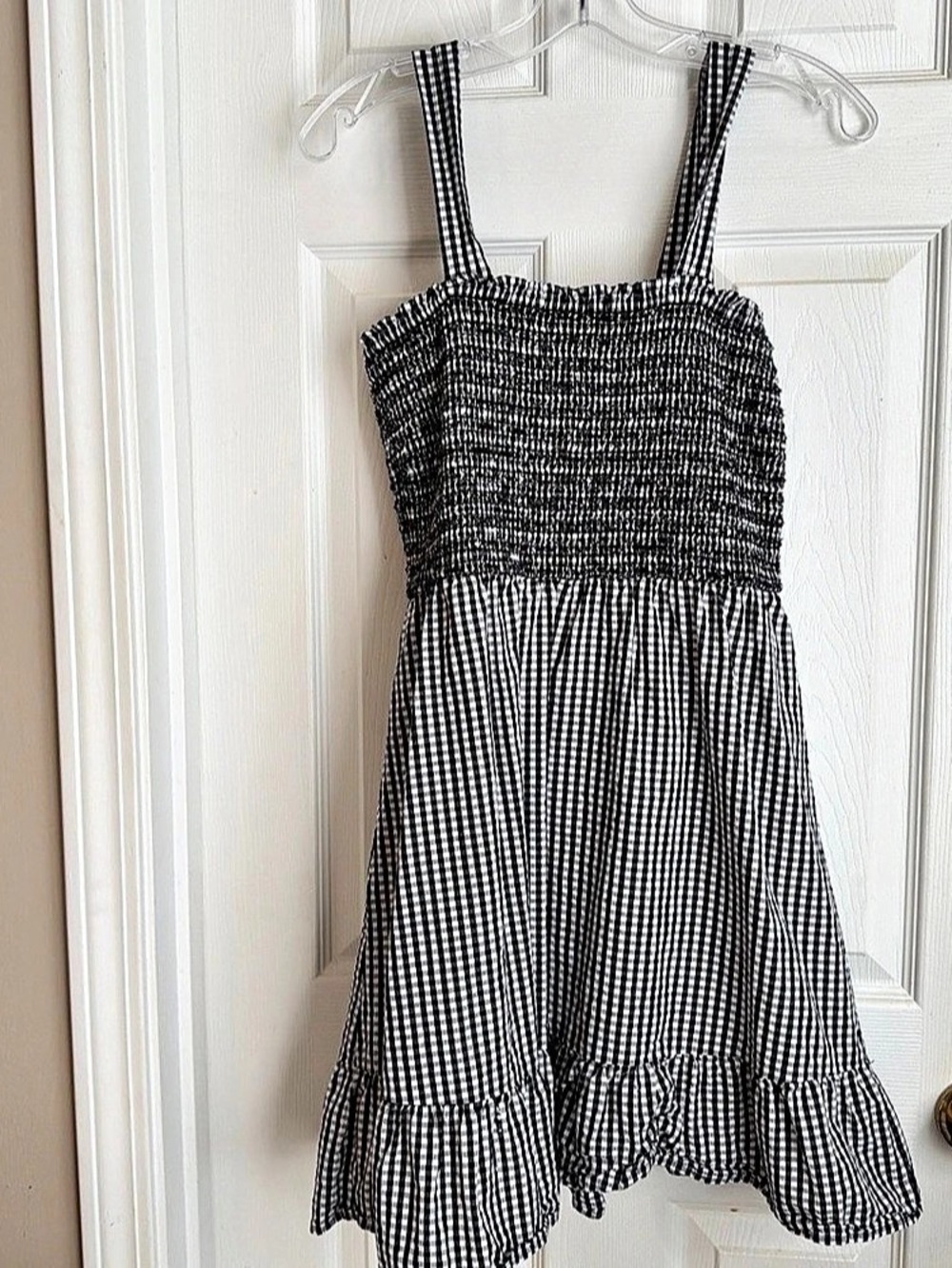 LOFT Gingham Smocked Strappy Flounce Dress Black & White Medium Petite